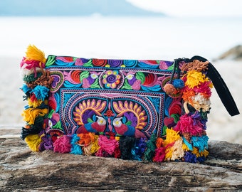 Borsa cosmetica Boho colorata con nappe, cinturino stile Boho con ricamo tribù Hmong, borsa etnica/pochette - BG0035-02-MUL