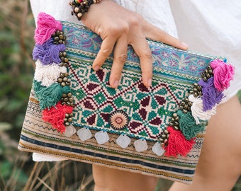 Handcrafted Women Clutch Bag Vintage Hmong Embroidered, Colorful Tassel and Bells,  Purse for Women - BG501VVB