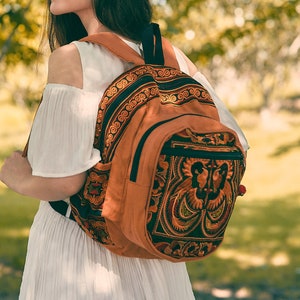 Mocha Hmong Backpack with Bird Pattern Embroidery, Boho Backpack, Bohemian Backpack - BG315MB
