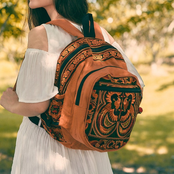 Mokka Hmong Rucksack mit Vogelmuster Stickerei, Boho Rucksack, Boho Rucksack - BG315MB