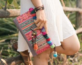 Handcrafted Purse for Women with Vintage Hmong Embroidered,  Crossbody Bag with Pom Pom, Unique Handbag from Thailand - BG506VBR