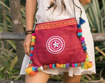 Red  Pom Pom Crossbody Bag, Hemp Fabric, Vintage Hmong Embroidery, Adjustable Strap - BG517HRED