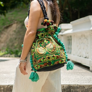 Green Bird Pattern Drawstring Tote Bag for Women, Thai Shoulder Bag with Pom Pom, Hmong Embroidered Beach Bag - BG57BGRE