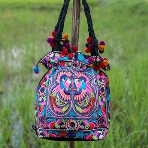 Pom Pom Multi Birds Pattern Tote Bag with Draw String Thai Hmong Embroidered , Boho Bag, Bohemian Bag, Hippie Bag, Unique Gift - BG312CB