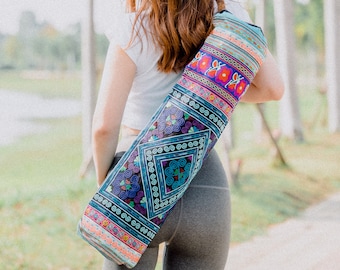 Ethnic Yoga Mat Bag with Blue Diamond Pattern Hmong Hill Tribe Embroidery, Handcrafted Yoga Mat Bag from Thailand - BG316BLUDIA