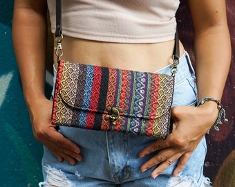 Naga Tribe Fabric Crossbody Bag, Purse from Thailand, Unique Wallet with Leather Strap,  Crossbody Bag, Boho Bag - BG0014NAMUL