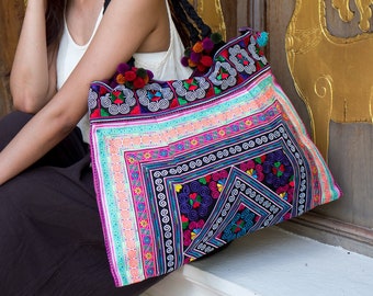 Multi Diamond Beach Tote Bag Large Size with Hmong Hill Tribe Embroidered Fabric, Women's Tote Bag with Pom Pom, Ethnic Tote Bag - BG301CDIA