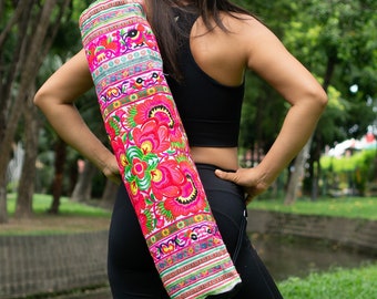 Pink Floral Yoga Mat Bag, Hmong Tribe Embroidered Yoga Mat Bag, Ethnic Yoga Mat Bag, Thai Yoga Mat Bag for Women, Boho Yoga Bag - BG316WHIF