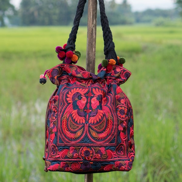 Pom Pom Red Birds Pattern Tote Bag with Draw String Thai Hmong Embroidered , Bohemian Bag, Boho Bag, Hippie Bag, Unique Gift - BG312REDB