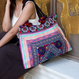 Multi Diamond Beach Tote Bag Large Size with Hmong Hill Tribe Embroidered Fabric, Women's Tote Bag with Pom Pom, Ethnic Tote Bag - BG301CDIA