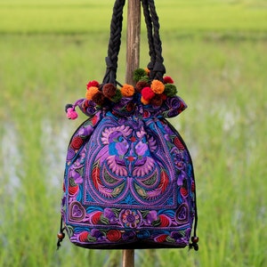 Pom Pom Purple Birds Pattern Tote Bag with Draw String Thai Hmong Embroidered , Boho Bag, Hippie Bag, Bohemian Bag - BG312PURB