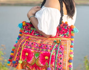 Orange Orchid Hmong Embroidered Tote Bag, Large Boho Beach Bag, Handmade in Thailand - BG66ORGH