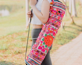 Fair Trade Yoga Bag for Mat, Hill Tribe Hmong Embroidered Yoga Mat Bag for Women, Ethnic Yoga Bag from Thailand - BG316WHIG