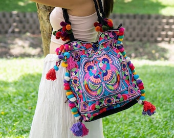 Colorful Bird Pattern Boho Tote Bag with Pom Poms, Tassels, Hmong Embroidered Bag from Thailand, Bohemian Beach Bag - BG57BMUL