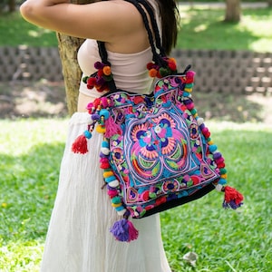 Colorful Bird Pattern Boho Tote Bag with Pom Poms, Tassels, Hmong Embroidered Bag from Thailand, Bohemian Beach Bag - BG57BMUL