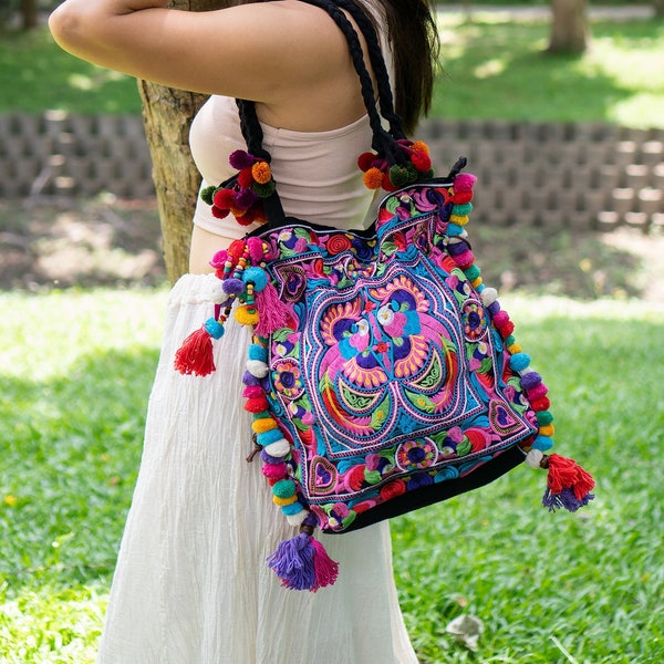 Colorful Bird Pattern Boho Tote Bag with Pom Poms, Tassels, Hmong Embroidered Bag from Thailand, Bohemian Beach Bag - BG57BMUL