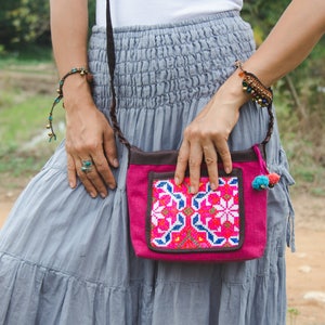 Hmong Crossbody Bag, Boho Purse, Vintage Embroidered Sling Bag for Women, Pom Pom Bag,  Purse for Women, Gift Purse - BG522PINV