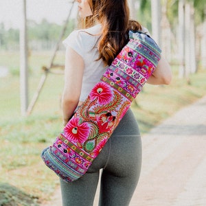 Handmade Yoga Mat Bag Hmong Embroidered in Purple, Floral Yoga Mat Bag from Thailand, Yoga Mat Bag for Women BG316PURH image 1