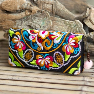 Hermosa cartera de mujer Hmong con jardín, tela bordada exclusiva de Tailandia - WA301FU1BLA