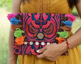 Red Bird Pattern Clutch Bag with Hmong Tribe Embroidery, Thai Clutch Bag, Ethnic Clutch Bag, Boho Cosmetic Bag - BG501REDB