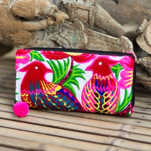 Pretty Bird Pattern Hmong Embroidered Boho Wallet for Women with Pom Pom Zip from Thailand - WA301B2WHI