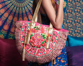 HALF MOON Shoulder Bag with Flower Hmong Tribes Embroidery, Gold Metallic Leather, Bohemian Shoulder Bag, Unique Boho Tote - BG0038-00-YEL