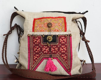 Handcrafted Hippie Crossbody Bag with Hmong Hill Tribe Embroidered with Leather Strap,  Boho Sling Bag for Women - BG0016-00-WHI