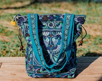 Blue Bird Pattern Hmong Embroidered Drawstring Beach Tote Bag for Women, Unique Tote Bag, Ethnic Tote Bag, Boho Tote Bag - BG312BLUBFS