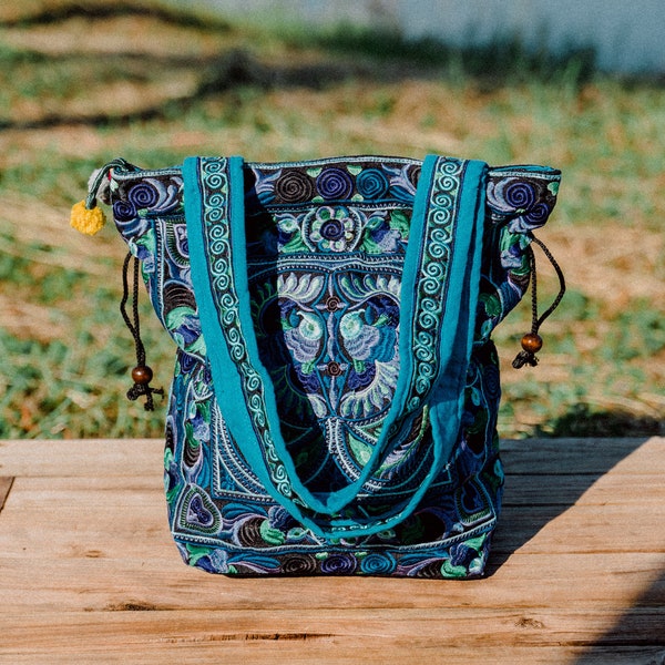 Blue Bird Pattern Hmong Embroidered Drawstring Beach Tote Bag for Women, Unique Tote Bag, Ethnic Tote Bag, Boho Tote Bag - BG312BLUBFS