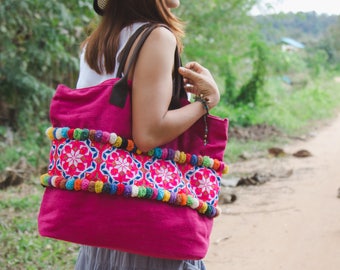 Handcrafted Tote Bag for Women, Vintage Hmong Embroidered Shoulder Bag, Pom Poms Tote, Boho Tote, Bohemian Tote, Beach Tote Bag - BG520VPIN