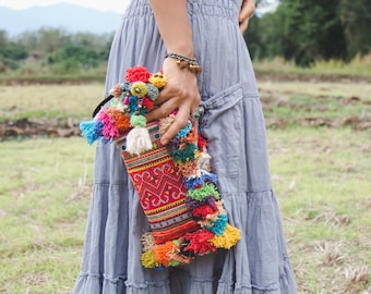 Vintage Hmong Hill Tribe Embroidered Clutch with Colorful Hairs and Pom Pom for Women, Boho Clutch Bag, Bohemian Purse in Orange - BG521VORG