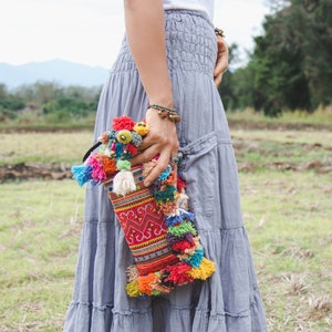 Vintage Hmong Hill Tribe Embroidered Clutch with Colorful Hairs and Pom Pom for Women, Boho Clutch Bag, Bohemian Purse in Orange - BG521VORG