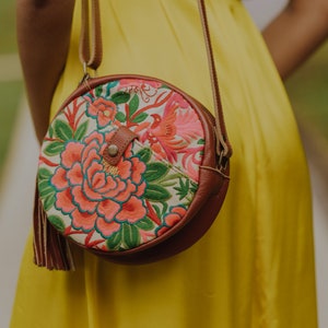 FULL MOON Garden Embroidered Round Crossbody Bag with Brown Genuine Leather, Unique Hmong Crossbody Bag for Women BG0048-02-YEL image 1