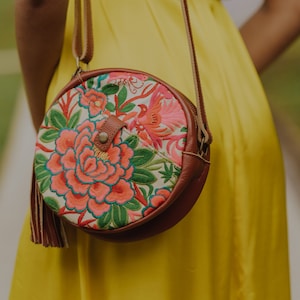 FULL MOON Garden Embroidered Round Crossbody Bag with Brown Genuine Leather, Unique Hmong Crossbody Bag for Women - BG0048-02-YEL