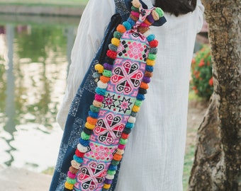 Pom Pom Yoga Mat Bag,  Yoga Mat Carrier, Ethnic Yoga Sling, Gift For Yoga Lover, Embroidered Pilates Bag - BG519BABLU