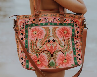 Orchid Hmong Embroidered Tote Bag with Adjustable Leather Crossbody Strap, Boho Beach Tote Bag from Thailand - BG0055-00-YEL