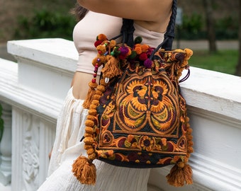 Mocha Bird Pattern Drawstring Tote Bag, Hmong Handbag, Thai Shoulder Bag with Pompoms, Ethnic Embroidered Bag, Boho Tote Bag - BG57BMOC