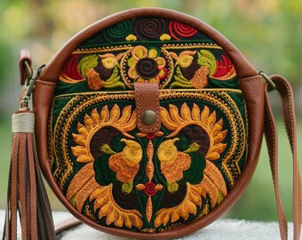 Changnoi Hippie Sling Crossbody Bag with Yellow Garden Embroidery Pom Pom Strap