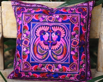 Pink Bird Pattern Pillow Cover, Hmong Hill Tribe Embroidered Pillow Cover, Ethnic Cushion Cover,  Pillows Cover from Thailand - CS101PINB