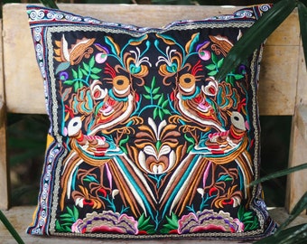 Pillow Cover, Hill Tribe Hmong Embroidered Pillow Cover, Ethnic Cuhsion Cover from Thailand, Gift Pillow Cover - CS101B2BLA