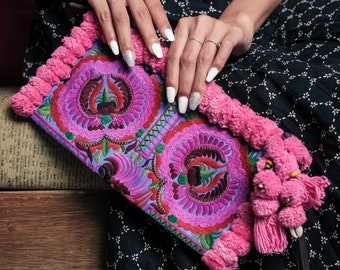 Purple Pom Pom Peony Clutch Bag, Hmong Tribes Embroidered Wristlet, Women's Clutch Bag for Festival, Boho Clutch Bag  - BG0041-03-PUR