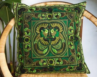 16x16 Green Bird Pattern Hmong Embroidered Pillow Cover from Thailand, Handcrafted Boho Pillow Cover, Decorative Ethnic Cushion Cover