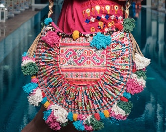 One of a Kind Bohemian Crossbody Bag with Vintage Hmong Embroidered Fabric, Colorful Pom Pom Crossbody Bag, Festival Bag - BG0039-00-PIN