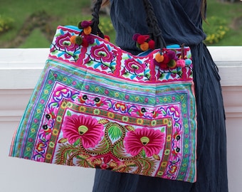 Beach Tote Bag for Women Blue Bird Hmong Tribe Embroidered Tote Bag Large Size with Pom Pom Straps BG301BLUB Bohemian Tote Bag