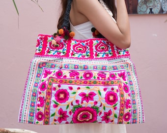 Silk Worm Beach Tote Bag with Hmong Hill Tribe Embroidery,  Tote Bag, Boho Tote Bag, Ethnic Tote Bag, Flower Tote Bag - BG301WHIW