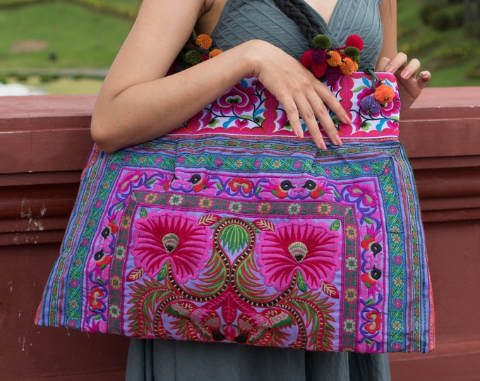Hmong Embroidered Tote Bag, Purple Orchid Fabric, Large Boho Beach Bag - BG301PURH