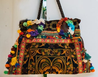 Mocha Bird Hmong Woven Beach Tote Bag, Boho Ethnic Pom Poms, Leather Straps - BG33MB