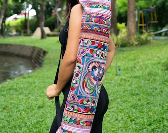 Colorful Yoga Mat Bag, Hmong Embroidered Yoga Mat Bag, Ethnic Yoga Bag, Tribal Yoga Mat Bag from Thailand, Unique Yoga Bag - BG316CB