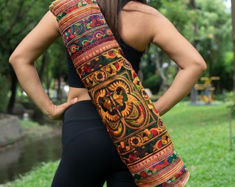 Sac pour tapis de yoga brodé tribu des collines orange, motif oiseau de Thaïlande, sac pour tapis de yoga unique, sac pour tapis de yoga ethnique pour femme - BG316ORGB