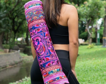 Pink Bird Pattern Hill Tribe Embroidered Yoga Bag, Hmong Yoga Mat Bag, Ethnic Yoga Mat Bag,  Yoga Mat Bag for Women - BG316PINB